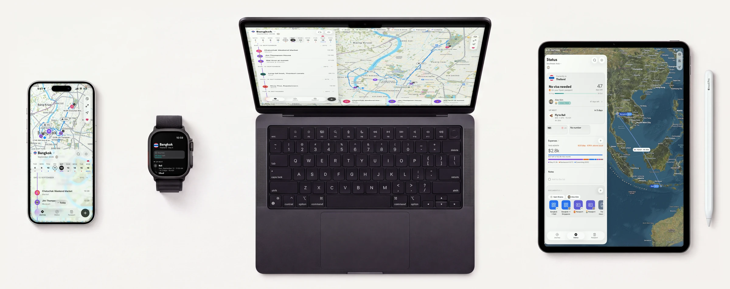 NomadPoint sur un iPhone, une Apple Watch, un MacBook Pro et un iPad, posés sur un bureau