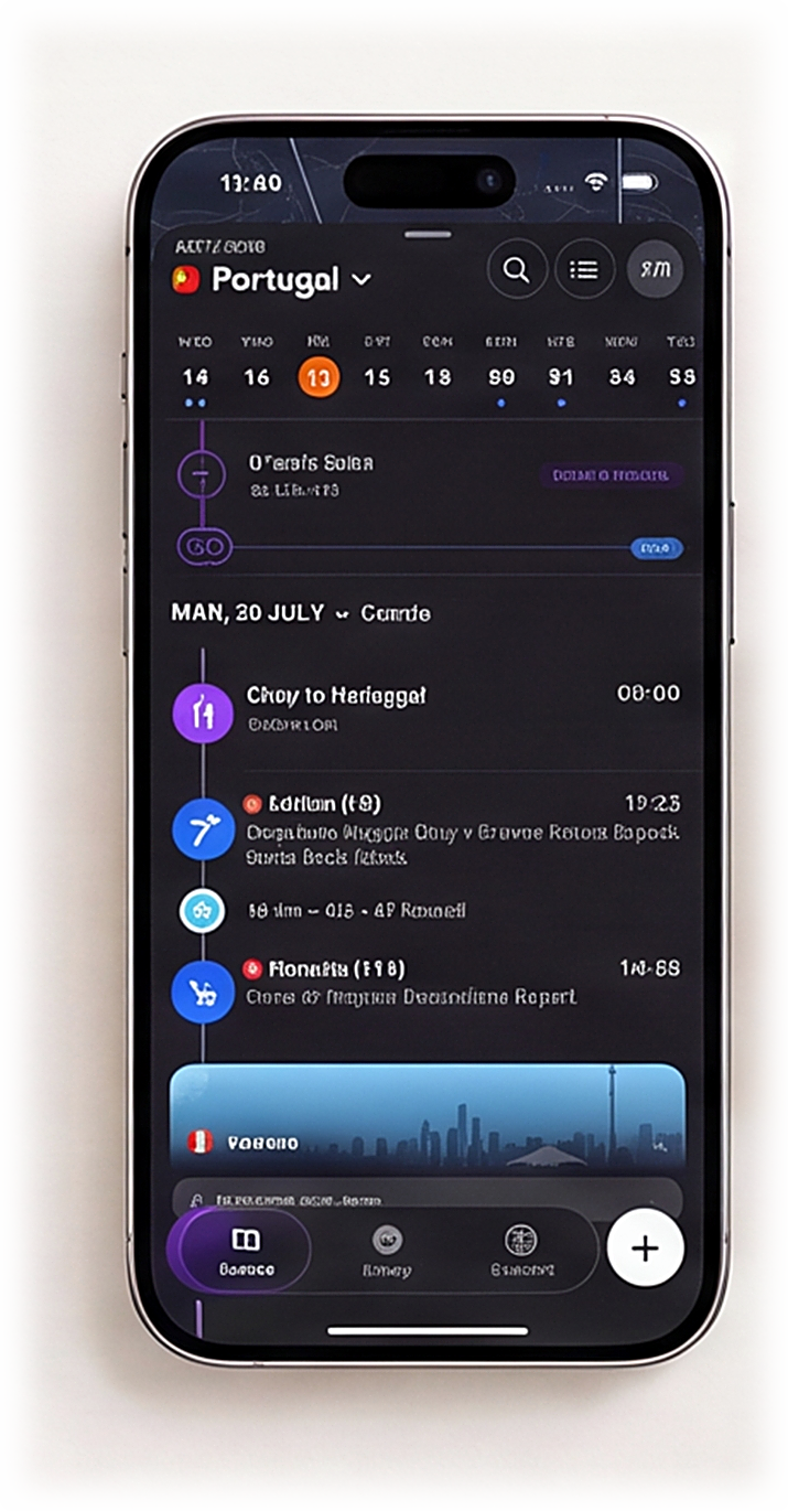 A trip laid out day by day on the NomadPoint iPhone timeline