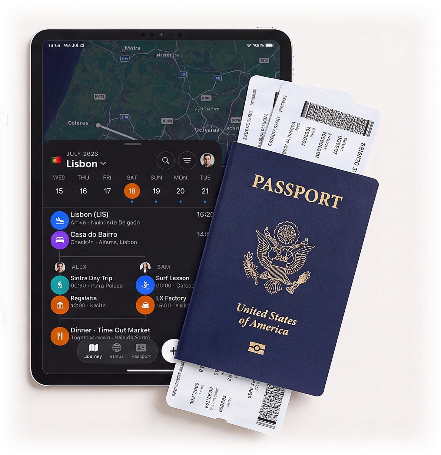 The same trip on iPad, beside a passport with boarding passes tucked into it