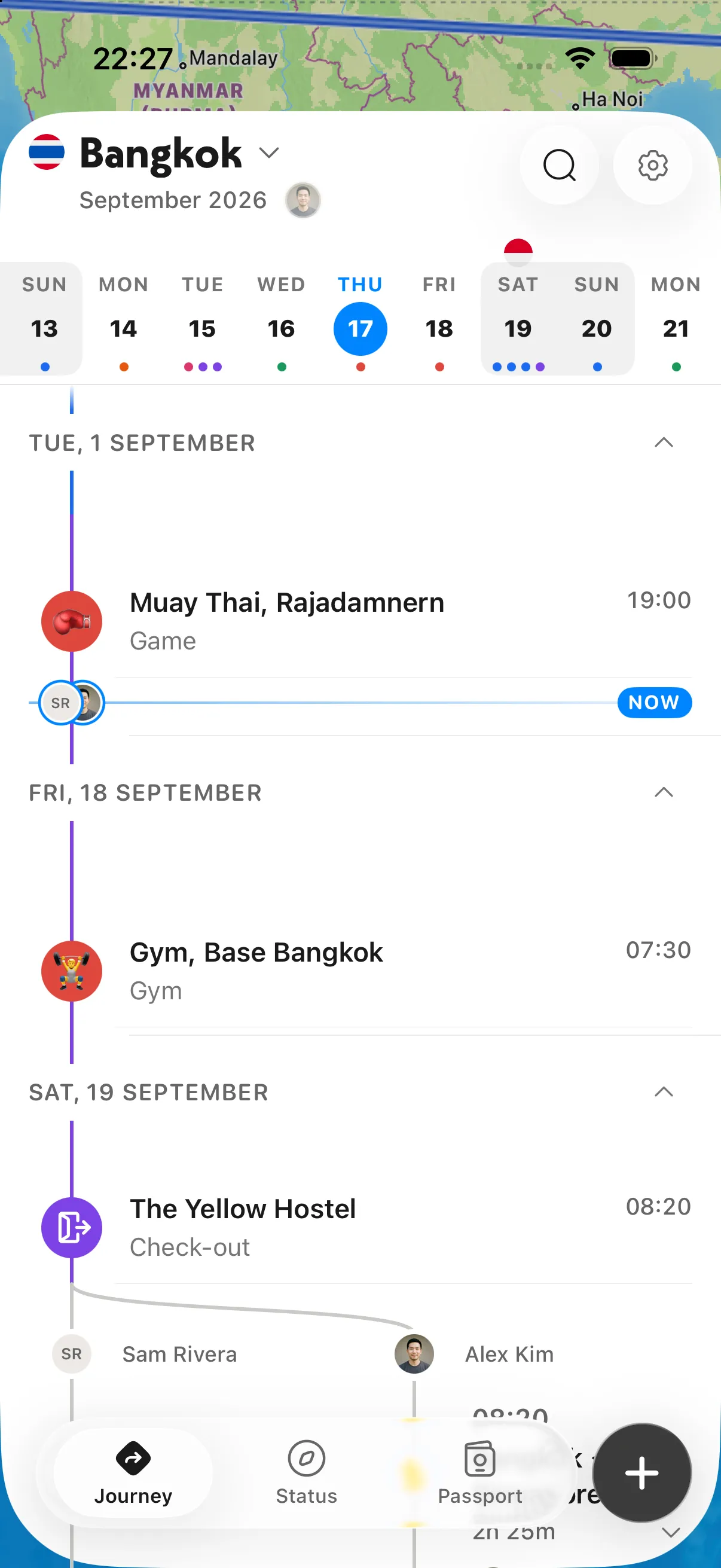 A flight in NomadPoint: Bangkok to Bali, on time at 11:55, seat 22C