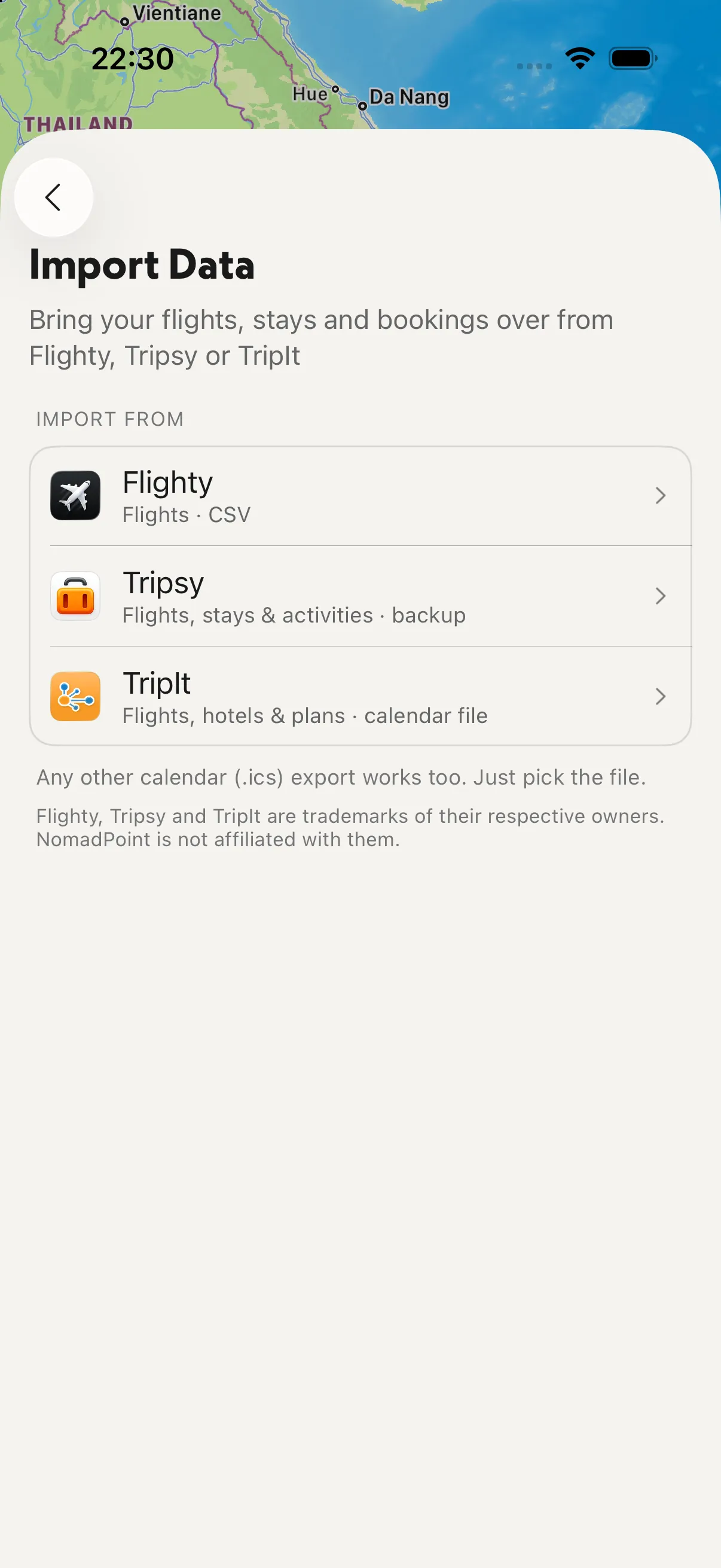 The import screen in NomadPoint: email, calendar and other travel apps