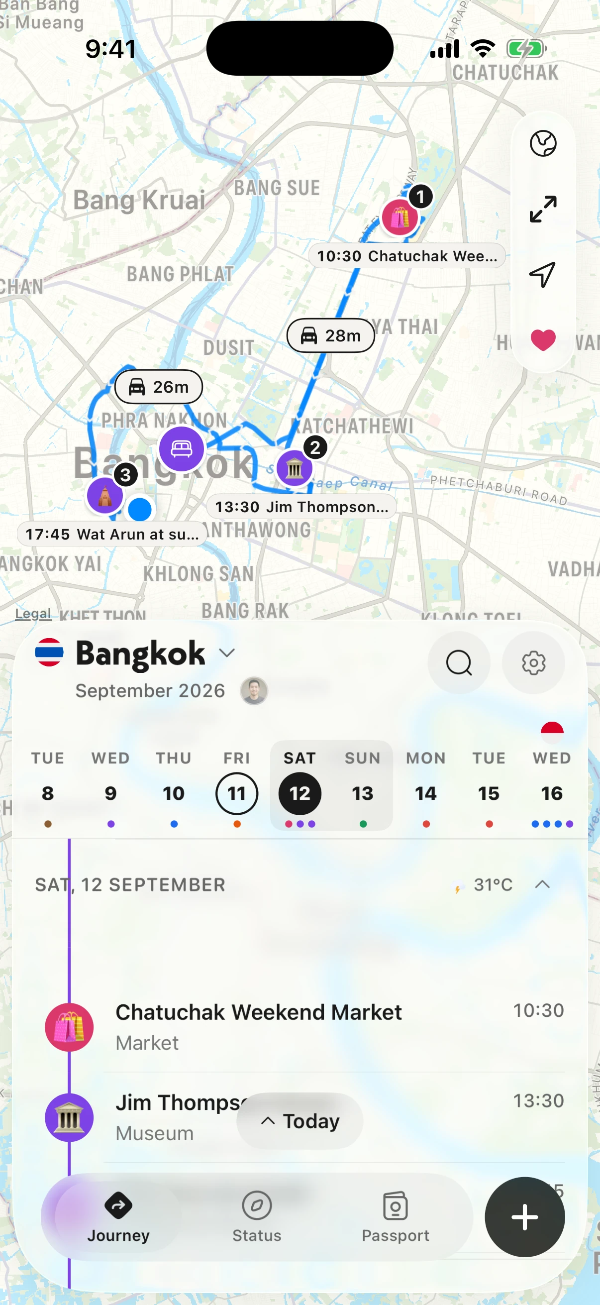 NomadPoint on iPhone: one day of a trip in Bangkok on the timeline