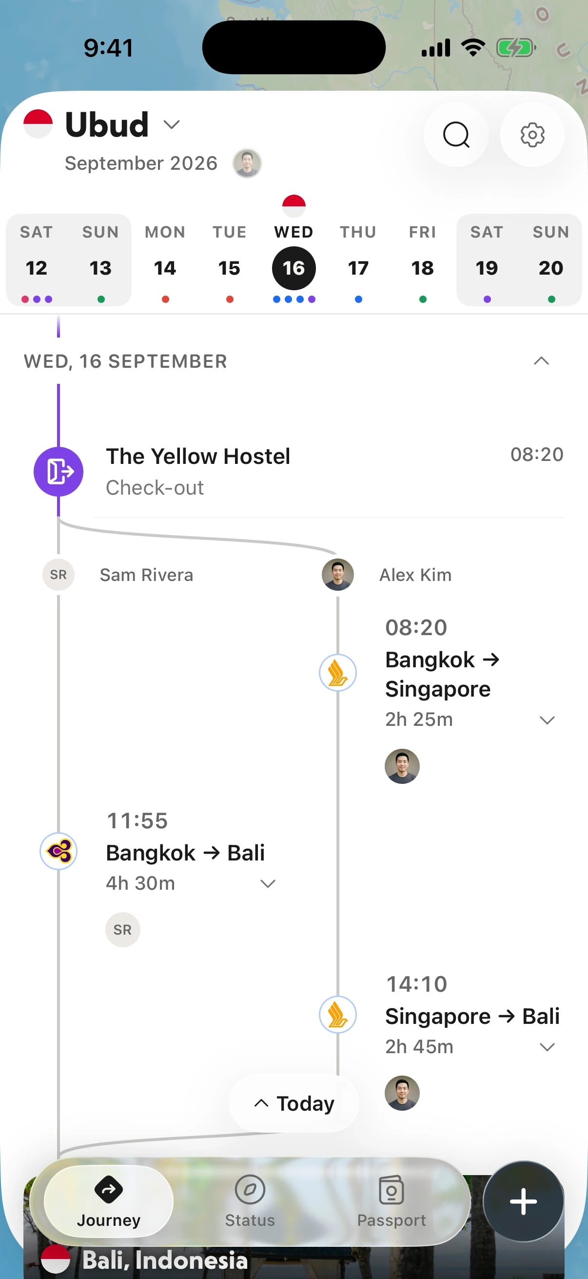 NomadPoint on iPhone: a shared trip splitting into two lanes, one traveller flying direct while the other connects
