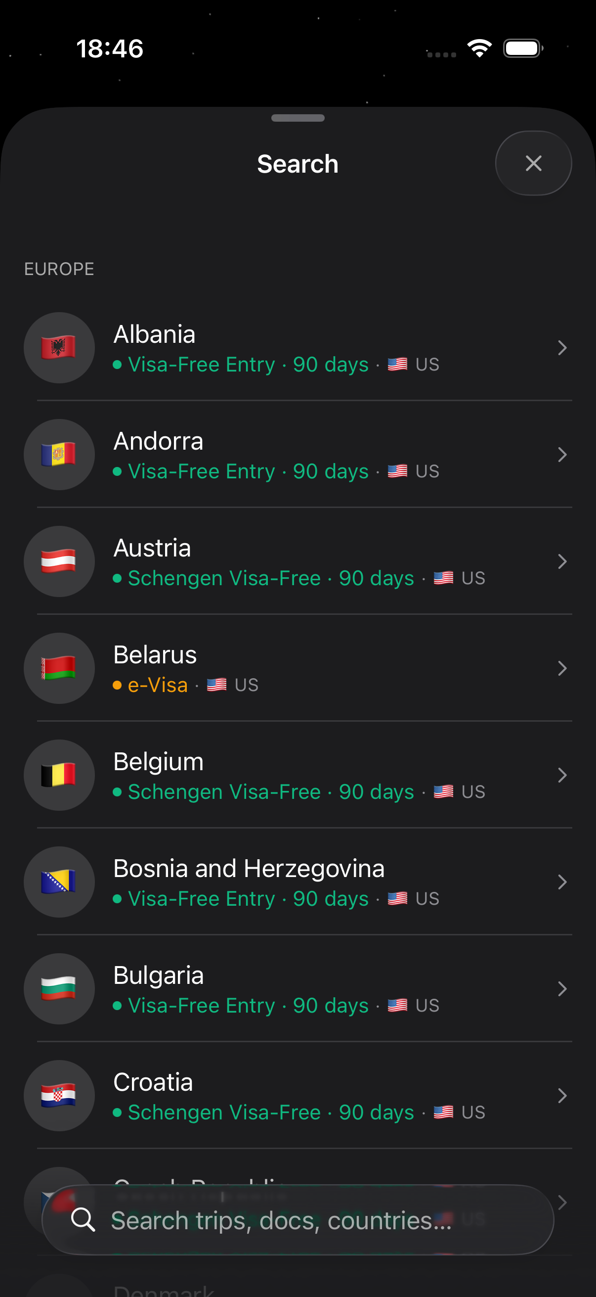 A searchable list of destinations, each showing the entry rule and the days allowed on the traveller’s passport