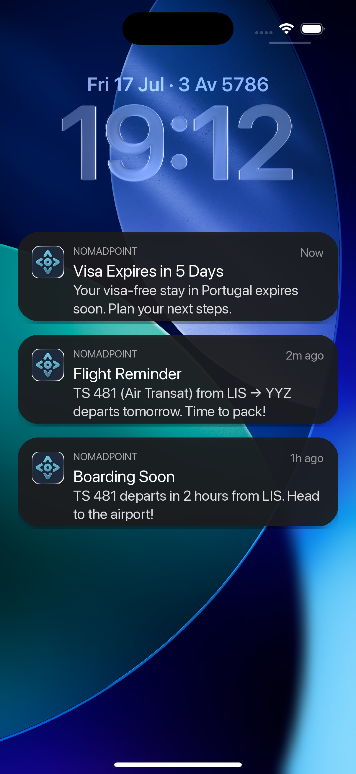 Lock Screen notifications: a visa-free stay expiring in five days, a flight reminder and a boarding alert