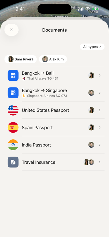 The documents list: boarding passes for Bangkok to Bali and Bangkok to Singapore, three passports and travel insurance