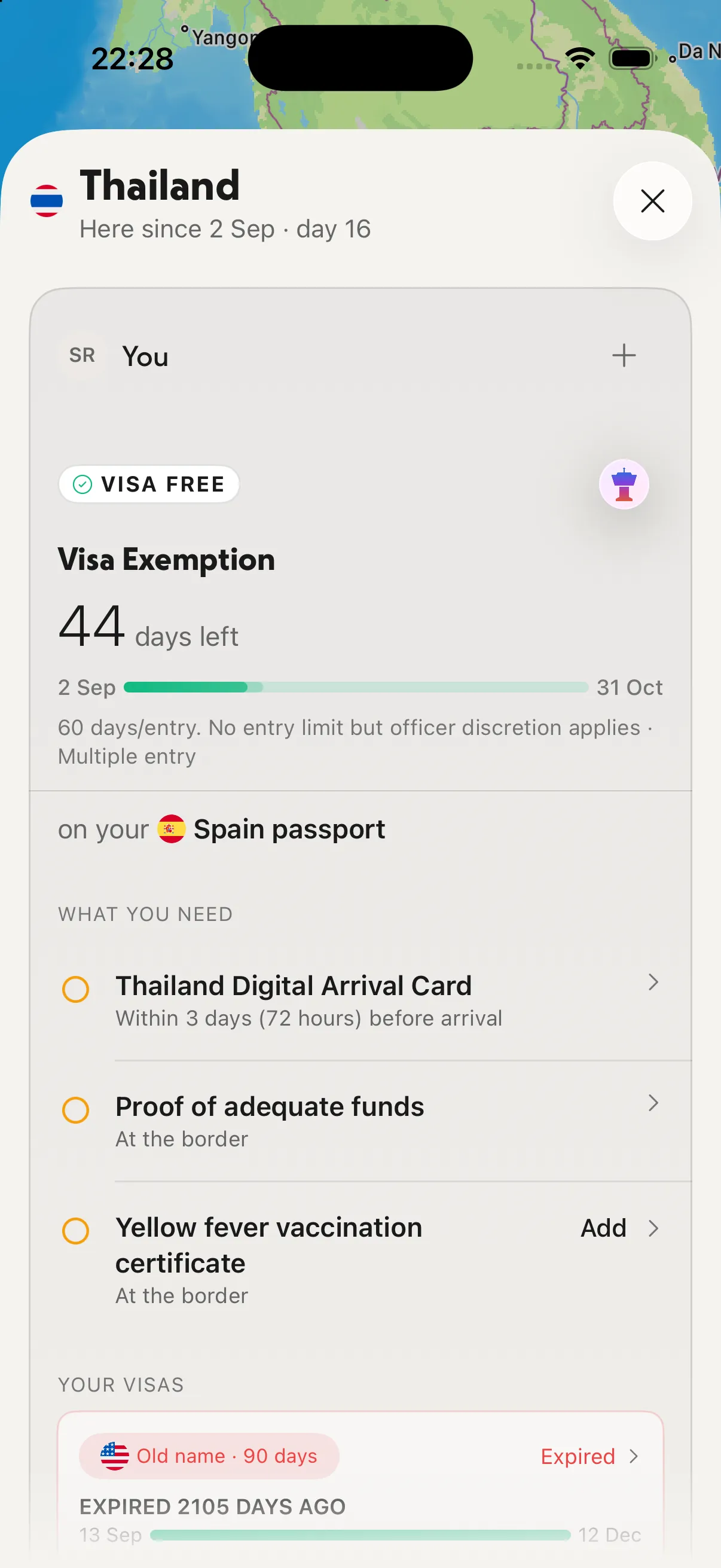 Thailand's entry rules in NomadPoint: visa free, 44 days left on a Spanish passport